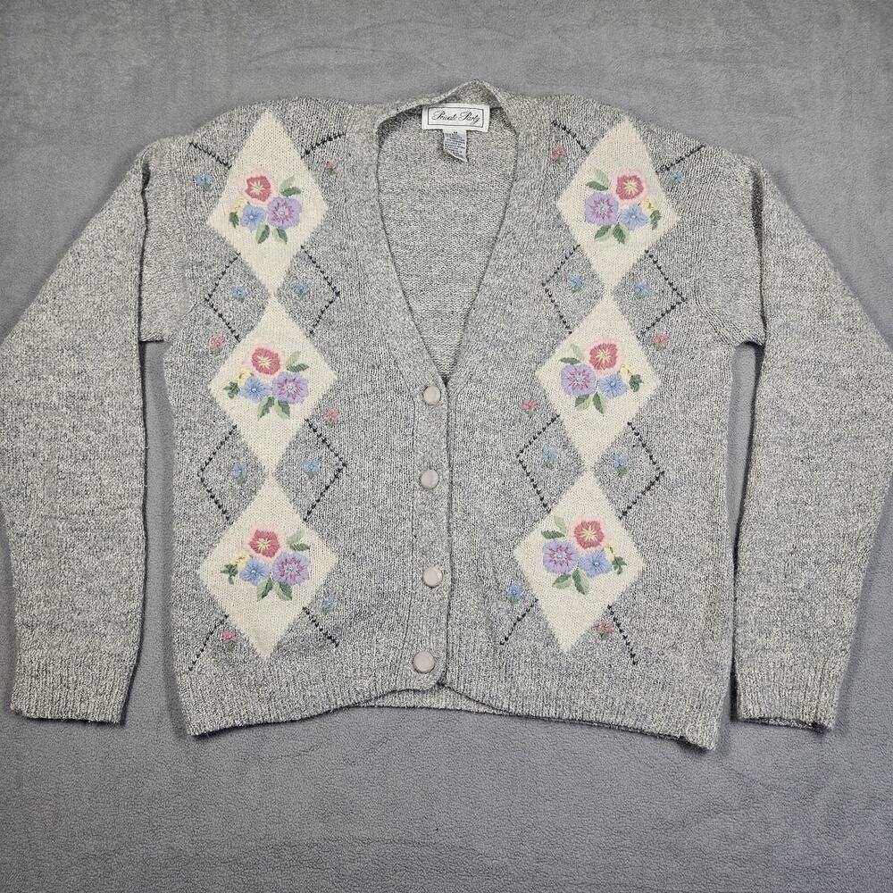Vtg Private Party Angora Cardigan Womens M Argyle Floral‎ Grey Granny Retro 90s